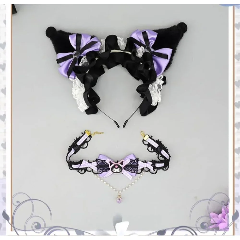 Cat Ears & Lace Necklace Cosplay Set Soft Faux Fur Plush Accessories for Costume